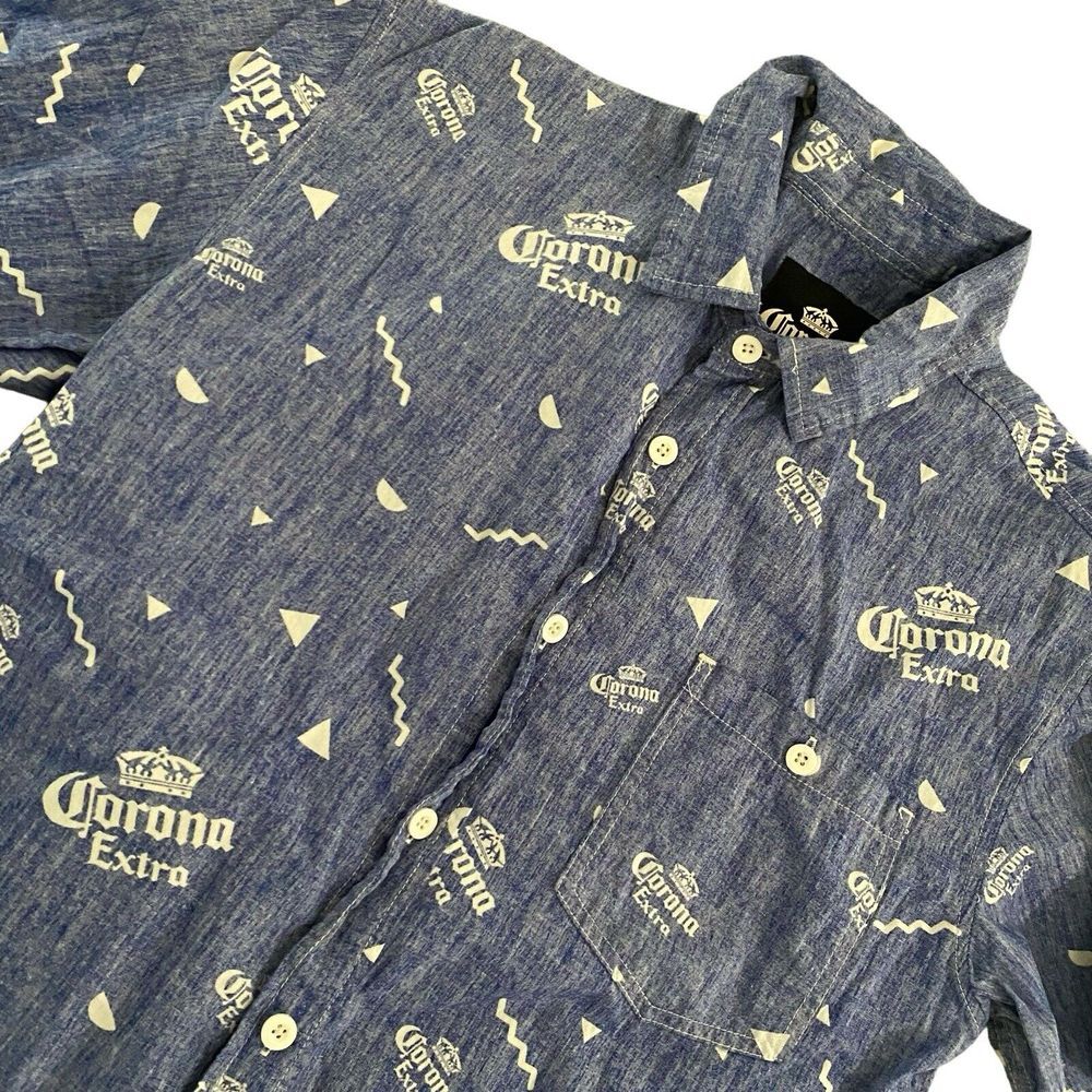 Corona Extra Hawaiian Shirt Mens M Blue Vintage Logo Button Down Short Sleeve